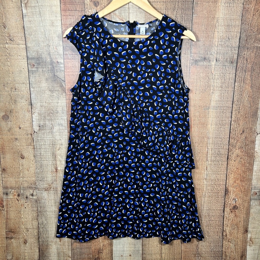 A New Day XL Black Blue Polka Dot 100% Rayon Ruffle Sleeveless Shift Mini Dress